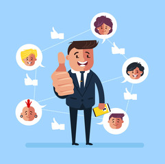 Happy smiling businessman office worker man character receive many likes thumbs up sight symbol good emotions. Social network media community modern technology problems. Vector flat cartoon graphic