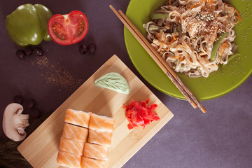 place for text noodles vegetables sushi rolls