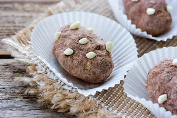 Potato cake - funny cakes from biscuit with butter cream in sweet cocoa powder like a real potatoes