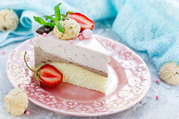 Strawberry chocolate cake - dietary cheesecake without baking with strawberry and chocolate layers on biscuit