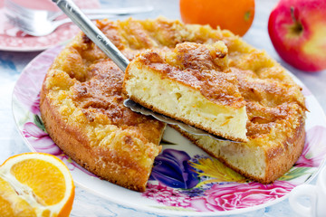 Delicious homemade pie orange fruit cake with sugar crust