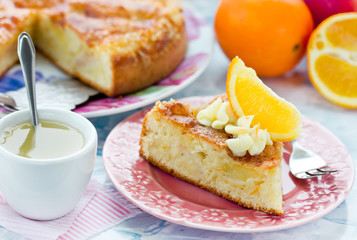 Delicious homemade pie orange fruit cake with sugar crust