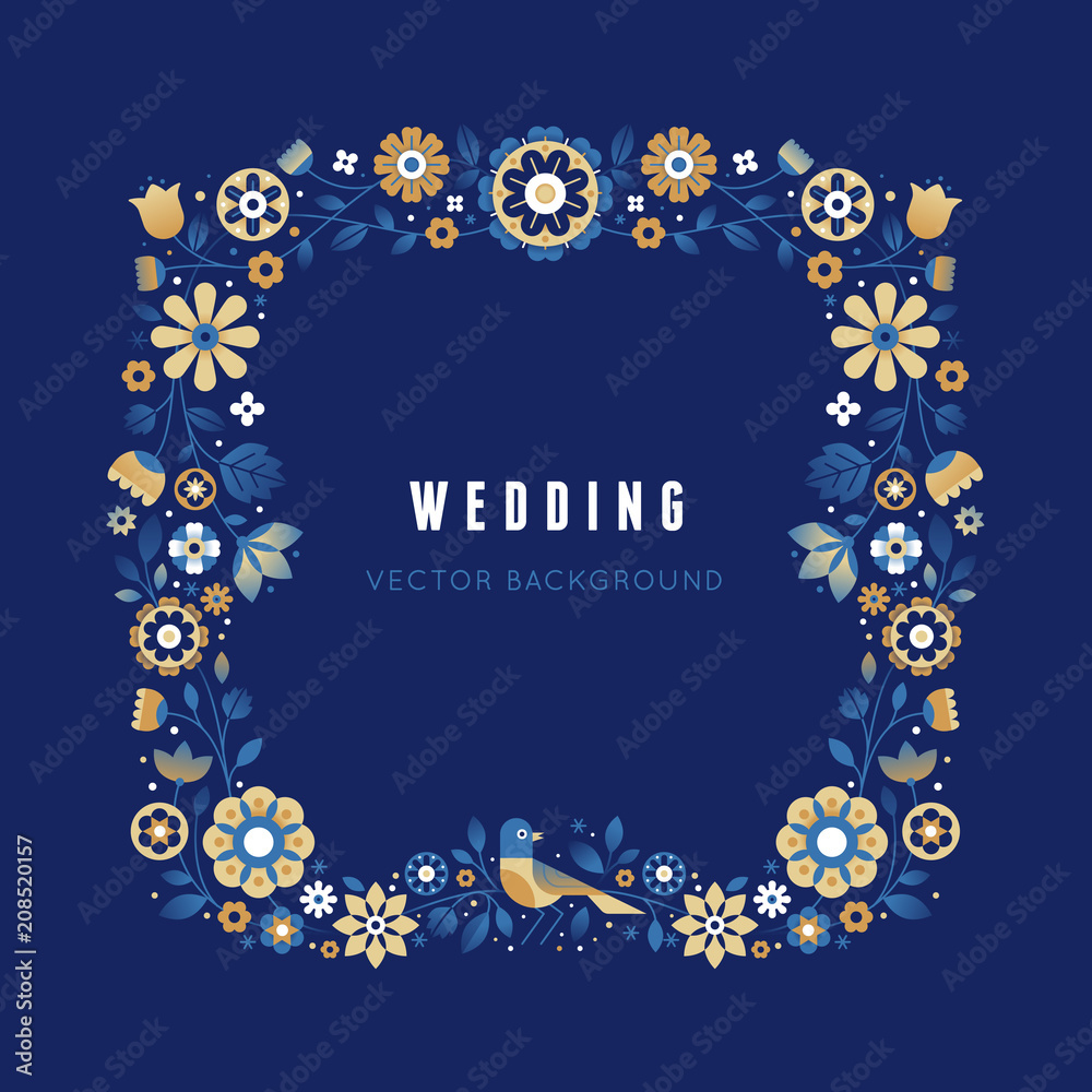 Aufkleber frame with decorative flowers, leaves and bird with copy space for text