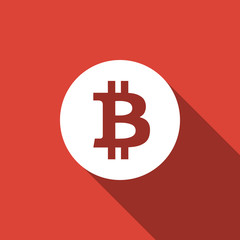 Cryptocurrency coin Bitcoin icon isolated with long shadow. Bitcoin for internet money. Physical bit coin. Digital currency. Blockchain based secure crypto currency. Flat design. Vector Illustration