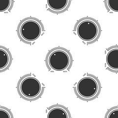 Dial knob level technology settings icon seamless pattern on white background. Volume button, sound control, music knob with number scale, analog regulator. Flat design. Vector Illustration