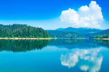     Croatian mountain landscape, region Gorski kotar, beautiful green lagoon on Lokvarsko lake with Risnjak mountain in background, reflection in water 