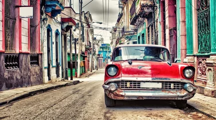 Printed roller blinds Cuban vintage cars Old red Chevrolet car parked in a street of havana
