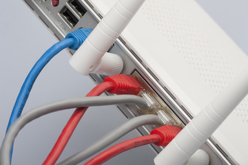 Network cables connected to the router. Network Communications