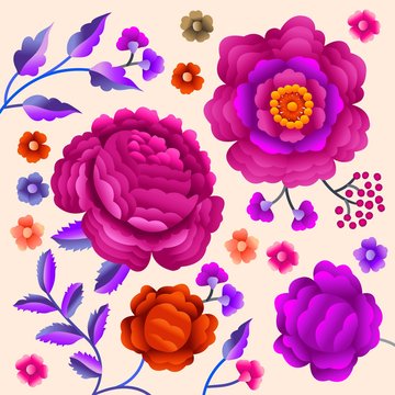 Vector Ancient Oriental folk motif of flowers. Manton shawl, Spanish Manila flamenco decorative embroidery ornament. Traditional handmade embroidery.