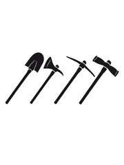 schwarz hammer schaufel axt hulzfälleraxt holzfäller holz pickaxe spitzhacke abbauen bergbau hammer axt werkzeug bergarbeiter