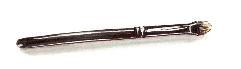 A sketch with  markers. A small flat make-up brush with a black handle and a short pile for the lips' lips and tone brow. Hand drawing on paper illustration.