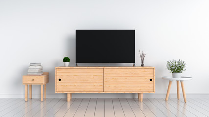 Widescreen TV in white living room, 3D rendering