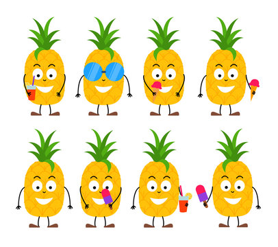 Set of funny cartoon summer pineapple character