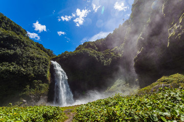 Cascada Río Malo, powerful and huge waterfall of white water in El Chaco, Napo province