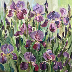 Drawing of irises on a flower bed