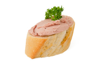 Eine Scheibe Baguette mit Leberwurst