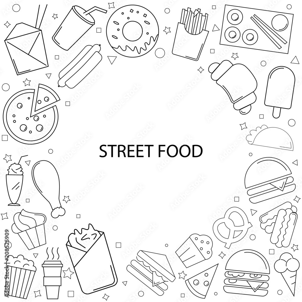 Wall mural Street food background from line icon. Linear vector pattern