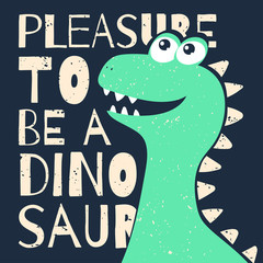Cute t-shirt design for kids. Funny dinosaur in cartoon style. T-shirt graphic with slogan, childish tee print for boys and girls