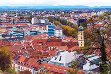 Aerial panoramic view of city from Schlossberg, Graz, Austria