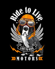Vector illustration with Great Dane Dog in a biker glasses and orange helmet on a black background. Ride to live - lettering quote. Inspiration poster, emblem design, hand drawn style t-shirt print.