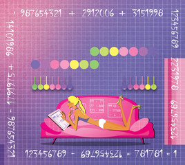 The girl is lying on the couch surrounded by mathematical tables. Numerology. Fortunetelling.