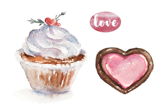 Watercolor Valentine's Day illustration with white cream cupcake and cookie