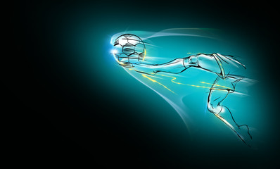 Soccer player in a jump, kicks the ball scoring a goal. Football background  Championship Concept. Male athletic Legs in motion, glowing silhouette with backlight Template for Posters and web banners 