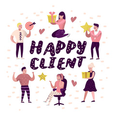 Happy Client Cartoons Set. Woman with Gift Box. Salesman Character, Sales Customer Service. Vector illustration