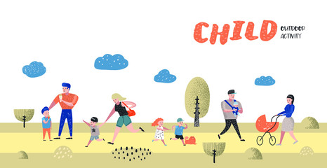 Family Outdoor Activity Poster, Banner. Parents Walking in the Park with Children. Happy People Relaxing on Nature Background. Vector illustration