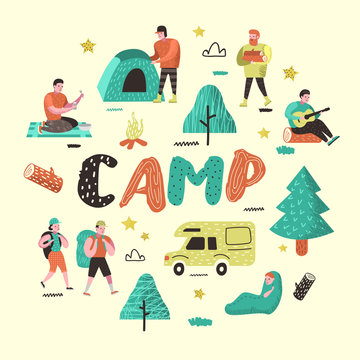 Summer Camping. Cartoon Characters People in Camp. Travel Equipment, Campfire, Outdoor Activities. Vector illustration