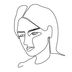 Sad Woman One Line Art Portrait. Female Sadness Facial Expression. Hand Drawn Linear Woman Silhouette. Vector illustration