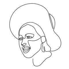 Happy Woman in Hat Laughing One Line Art Portrait. Joyful Female Facial Expression. Hand Drawn Linear Woman Silhouette. Vector illustration