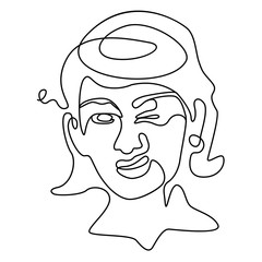 Happy Woman Winks One Line Art Portrait. Joyful Female Facial Expression. Hand Drawn Linear Woman Silhouette. Vector illustration