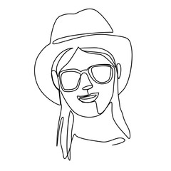 Happy Woman in Hat and Sunglasses Smiling One Line Art Portrait. Joyful Female Facial Expression. Hand Drawn Linear Woman Silhouette. Vector illustration