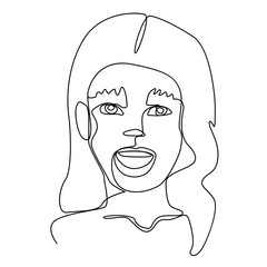 Happy Woman Laughing One Line Art Portrait. Joyful Female Facial Expression. Hand Drawn Linear Woman Silhouette. Vector illustration