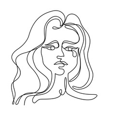 Tearing Woman One Line Art Portrait. Unhappy Female Facial Expression. Hand Drawn Linear Woman Silhouette. Vector illustration