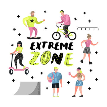 Extreme Sports Cartoons. Teenager Skateboarding, Man on Bicycle, Girl Rolling. Active Characters People Playing Outdoor. Vector illustration