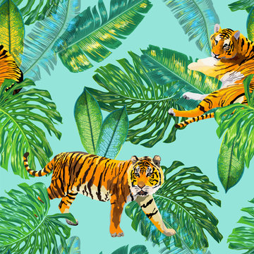 Tigers in Tropical Palm Leaves Seamless Pattern. Tropic Watercolor Background with Tiger and Monstera for Wallpaper, Wrapping Paper. Vector illustration