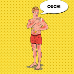 Pop Art Man with Sunburn. Tourist Applying Suncream on Sunburned Skin. Vector illustration