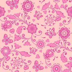 Fototapeta na wymiar Pink floral pattern with butterflies and hearts. Floral wallpaper. Decorative ornament for fabric, textile, wrapping paper.