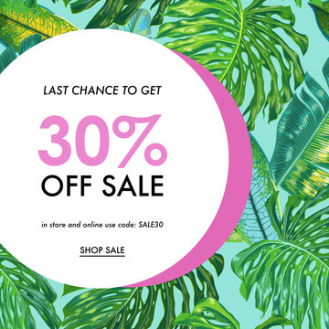Summer Sale Tropical Banner with Palm Leaves. Seasonal Discount, Promotion, Clearence Floral Background for Flyer, Brochure, Poster. Vector illustration