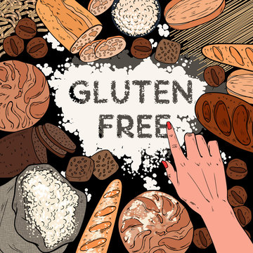 Gluten Free Background with Flour, Breads, Pastries and Bakery