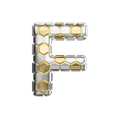 Alphabet letter F uppercase. Soccer font made of silver and gold football texture. 3D render isolated on white background.