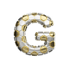 Alphabet letter G uppercase. Soccer font made of silver and gold football texture. 3D render isolated on white background.
