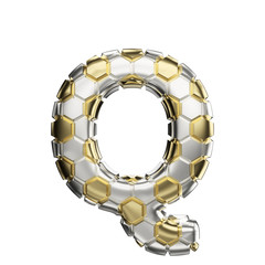 Naklejka premium Alphabet letter Q uppercase. Soccer font made of silver and gold football texture. 3D render isolated on white background.