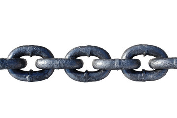 Black steel large anchor chain. Close-up. Isolated on white background. Isolate.