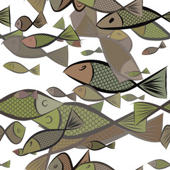 Seamless abstract illustrations of fish, conceptual. Nature, ocean, cartoon & sketch.