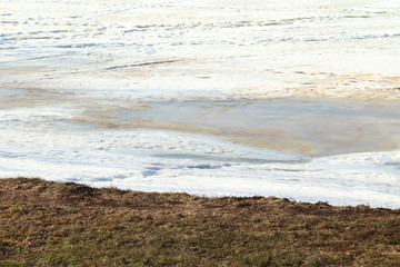 A frozen pond in the spring. Close-up. Background.