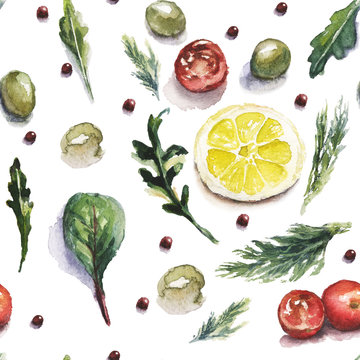 Watercolor food and vegetables pattern with lemon, tomatoes, olives and salad herbs