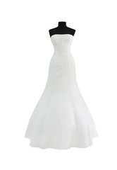 White wedding or evening dress on mannequin isolated on white background. Classical women clothes